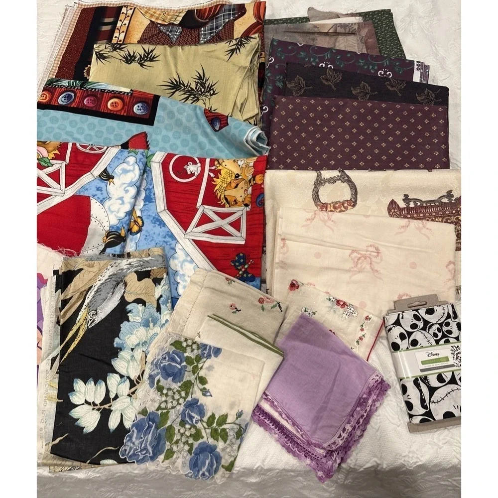 Vintage Fabric Bundle Lot Quilt Upholstery Panel Kids Holidays Silk Mixed 10 lbs